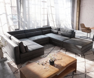 DELIFE Wohnlandschaft Elio, Lederimitat Vintage Anthrazit 300x185 cm mit Hocker Wohnlandschaft