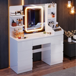 HOMALL Schminktisch Schminktisch mit Spiegel und LED Mit 7 Schubladen und 8 Ablagefächern (Größe: 110*40*139 cm Einstellbare drei Farbtemperaturen, um Ihr perfektes Make-up zu präsentieren)