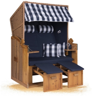 Strandkorb Hanse Strandkorb Strandkorb Ostsee Blau A blau weiß kariert (Markise/ Kissen) aufgebaut, BxTxH: 120 x 110 x 160 cm, Volllieger, Ostsee. Modell, (1-tlg), Stabiles Wacholder mit handgefertigtem Polyrattangeflecht