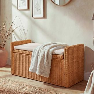 Sitzbank M92 Garderobenbank Bank Sitzhocker, mit Stauraum Kissen Kubu Rattan 88cm ~ honigfarben