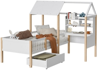 Gotagee Kinderbett L-förmigem Hausbett 90x200 cm Jugendbett Einzelbett Holzbett Massivholz, mit Rausfallschutz und Lattenrost