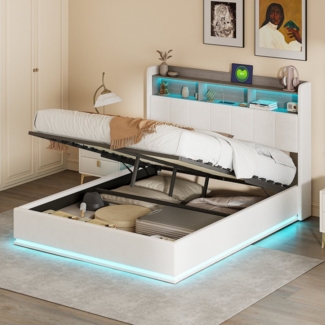 FUROKOY Stauraumbett Doppelbett Polsterbett mit LED-Beleuchtung (Stauraum Kopfteil mit USB und Typ-C Ladeanschluss), Hydraulikbett Funktionsbett, ohne Matratze, Samt, Beige, 140x200cm