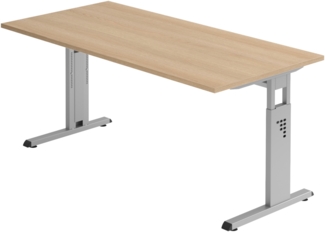 bümö höhenverstellbarer Schreibtisch O-Serie 160x80 cm in Eiche, Gestell in Silber - PC Tisch für's Büro manuell höhenverstellbar, Computertisch verstellbar, OS-16-E-S