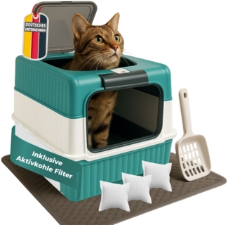 Coemo Katzentoilette mit Deckel, Schublade und geruchsbindendem Aktivkohlefilter Türkis