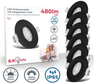 B.K.Licht - 6er Set LED Einbaustrahler 230V, Schwenkbar, warmweißes Licht, LED Strahler für das Badezimmer, IP65, Deckenstrahler, Einbauleuchten, Spots, Badezimmerlampe, 9x4,2 cm (DxH), Schwarz