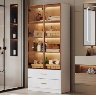 HAUSS SPOLE Vitrine 170×75cm Highboard Küchenschrank Beistellschrank Kommode mit Glastür (Hochschrank, Lagerschrank, Highboard, Lagerschränke, 1-St, mit 2 großen Schubladen und 2 Türen) mit Lichtleiste, Glastür