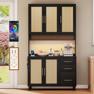 Merax 183cm Küchenanrichte, Buffet, App-gesteuerte LED-Deko-Lichter, 2 x USB, 2 x Steckdosen, verstellbare Einlegeböden, 3 Schubladen, Schwarz