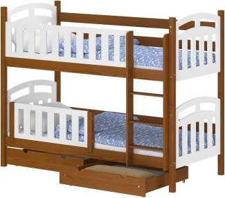 WNM Group Hochbett mit Rausfallschutz und 2 Schubladen Suzie - aus Massivholz - Kinderbett für Mädchen und Jungen - Absturzsicherung Kinderhochbetten 180x90 cm - Braun