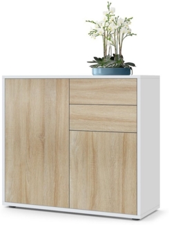 Vladon Sideboard Ben, Kommode mit 2 Türen und 2 Schubladen, Weiß matt/Eiche Sägegrau (79 x 74 x 36 cm)