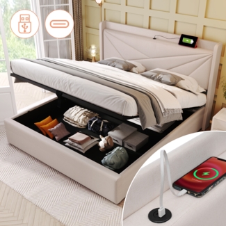 Polsterbett 180x200 cm mit Stauraum,Kopfteil mit USB & Typ-C Ladefunktion,Beige