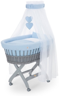 FabiMax Stubenwagen Grau lackiert, 2 in 1 Musselin / Waffelpiqué Komplettset Blau mit Decke und Kissen