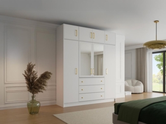 Vente-unique - Kleiderschrank mit 4 Türen & 3 Schubladen + Aufsatz - Mit Spiegel - 196 cm - Weiß - LIZANDRO