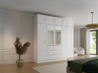 Vente-unique - Kleiderschrank mit 4 Türen & 3 Schubladen + Aufsatz - Mit Spiegel - 196 cm - Weiß - LIZANDRO
