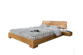 Bett Bento 3 Sonderlänge 90x220 Wildeiche massiv mit Holzkopfteil und Holzbeine