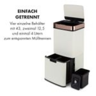 Klarstein Royal Trash Sensor-Mülleimer, 72 L Volumen in 4 Behältern, Restmüll & Recycling-Abfälle: 43 & 2 x 12,5 L, Bio-Eimer mit Deckel: 4 L, automatisches Öffnen und Schließen, roségold