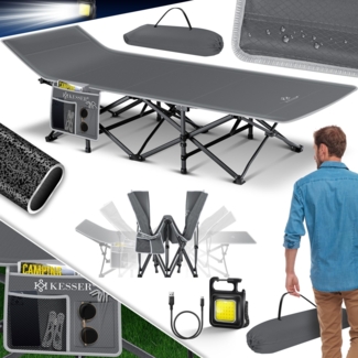 KESSER® Campingbett Feldbett Klappbar Klappbett Campingliege inkl. Tragetasche + Seitentasche Stabiles Feldbett 250kg Belastbar Metallrohr 600D Oxfordgewebe Tragbar Liege Reise Bequem Grau, 210 cm