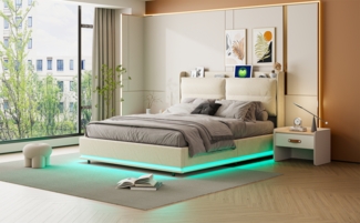 160x200cm Elfenbein Samt Bett mit Rei?verschluss, Gasdruckfeder & LED-Beleuchtung