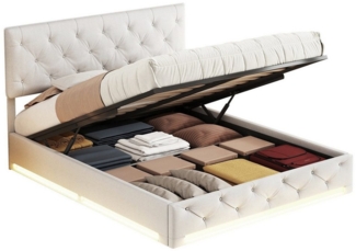 FUROKOY Stauraumbett Polsterbett Doppelbett mit LED-Beleuchtung (Gepolstertes Kopfteil mit getuftetem Knopfdesign), Hydraulikbett Funktionsbett, ohne Matratze, Leinen, Beige, 140x200cm