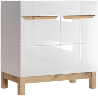 Waschtischunterschrank 80 cm SOLNA-56 Hochglanz weiß mit Wotaneiche, B x H x T ca. 80 x 85 x 46cm