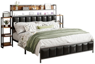 Flieks Metallbett, LED Kunstleder-Polsterbett Doppelbett 160x200 cm mit Stauraumregale