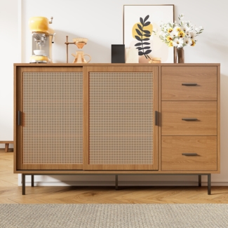 Sideboard, mit 2 Schiebetüren und 3 Schubladen mit verstellbaren Einlegeböden, Sideboard im Landhausstil, geeignet für Wohn- und Esszimmer, Holz，140 x 91 x 37 cm