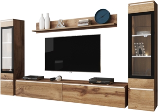 Wohnwand Doppo II (Farbe: Wotan, mit weißer LED Beleuchtung)