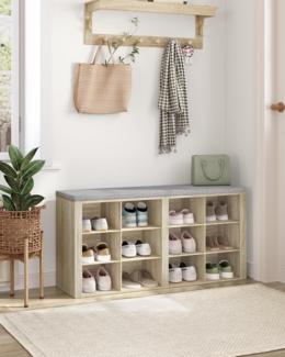 Schuhbank mit Sitzfläche, Schuhschrank mit Sitzbank mit 12 Fächern, Eingangsbank Verstellbaren Ablagen für Wohnzimmer, Schlafzimmer, Flur, Eiche