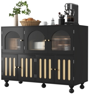 HAUSS SPOLE Sideboard mit Glastür, runde Säulenbeine für Esszimmer und Wohnzimmer Schwarz (Kommode, 1 St, 7 Türen, 5 runde Säulenbeine), mit Glastürdesign, Tür in Klaviertastenform