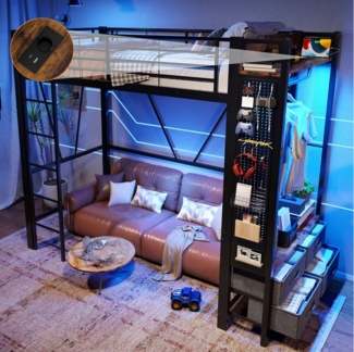 TavilaEcon Hochbett mit Trockenstab & Einlegeböden, 4 Schubladen, USB+TYPE-C Steckdose LED-Leiste, Eisenrahmen, mit Lochbrett & Geländer, 90 x 200cm, schwarz