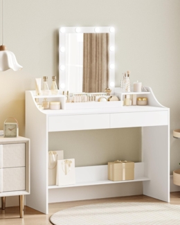 Schminktisch mit LED-Beleuchtung,108cm, Einstellbare Helligkeit, Schminktisch mit Spiegel, mit 2 Schubladen und 3 Offenen Fächern, Modern, Weiß