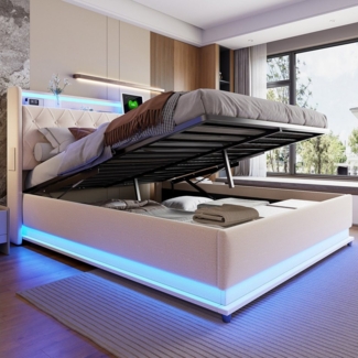 Merax Polsterbett mit LED-Beleuchtung & USB-Ladeanschluss (1-tlg, Hydraulisches Stauraumbett Mehrzweckbett Jugendbett), Doppelbett 160x200cm mit hydraulischem Stauraum & Regal, Leinenstoff