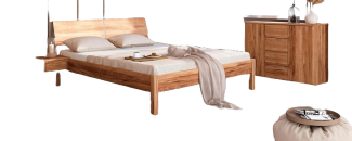 Bett Bento 9 aus Kernbuche massiv 180x200 cm mit Holzkopfteil und Holzbeinen