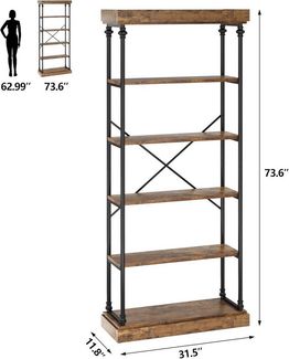 GarveeMore Bücherregal mit 6 Ebenen,Industrie-Bücherregal aus Holz,80x30x187cm, großes Vintage-Präsentationsregal für Schlafzimmer,Wohnzimmer