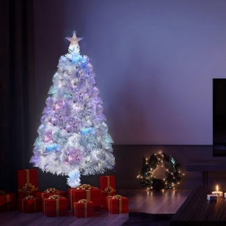 VINGLI Künstlicher Weihnachtsbaum mit 85/120 Zweigen & Optischer Faserbeleuchtung, PVC & Eisenständer, für Zuhause, Geschäft, Party & Feiertagsdeko, 90/120 cm, Grün/Weiß