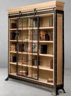 Casa Padrino Luxus Industrie Stil Bücherschrank Naturfarben / Schwarz 245,5 x 42 x H. 247 cm - Massivholz Schrank mit Schiebetür - Wohnzimmerschrank - Büroschrank - Luxus Industrie Stil Möbel