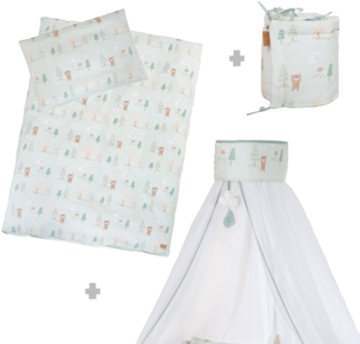roba Kinderbettgarnitur 'Woodland Buddies' 4-teilig - Himmel, Nestchen & Bettwäsche - Pastellgrün