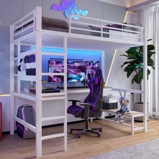 Hochbett mit Eckschreibtisch, LED-Streifen, Regal und USB+Typ-C, 90x200 cm, Metallbett mit Rausfallschutz, Kinderbett