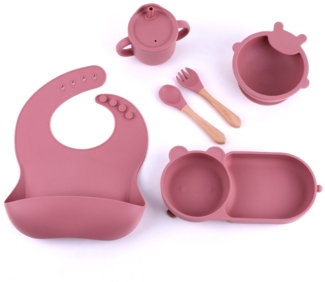 Dunkelrotes 6-teiliges Silikon-Essgeschirr-Set für Kinder, bestehend aus Babynahrungsschale, Teller, Strohhalm und Becher.
