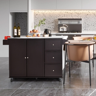 Mobiler Servierwagen mit Edelstahl-Arbeitsplatte 3 Schubladen 2-türigem Schrank verstellbaren Regalen Braun