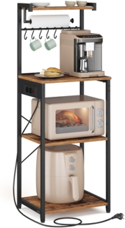 VASAGLE Standregal mit 4 Ebenen, Küchenregal mit Ladestation, 8 Haken, 40 x 45 x 140 cm, braun-schwarz