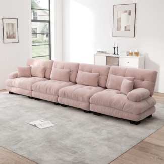 Sofa 4-Sitzer modular, Vintage-Chenille Rosa, tiefer Sitz und runde Armlehnen,H 81 x T 406 x B 77 cm