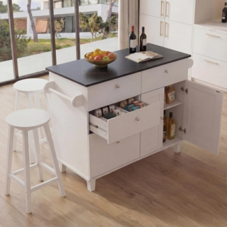 Kücheninsel HWC-P62 mit 2 Sitzhockern, Küchenschrank Schublade Staufächer MDF 90x131x47cm ~ weiß, Marmor-Optik schwarz