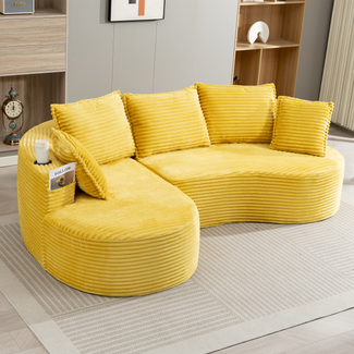 Flieks Cord Sofa, Bogensofa modern weich, mit Becherhalter & Seitentasche, inkl. Kissen, komfortabler Relaxsessel, Gelb