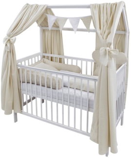 Baby-Delux Komplettbett Hausbett Babybett Komplettset Waffelpique Musselin, 12-tlg, Kinderbett 60x120 cm weiß, Bettset verschiedene Designs
