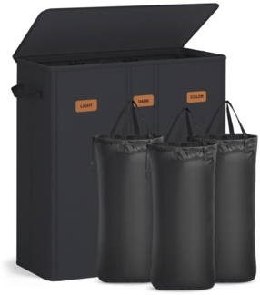 SONGMICS Wäschekorb mit 3 Fächern, 160 L, mit Deckel, 5 Etiketten, herausnehmbarer und waschbarer Innensack, Waschküche Schlafzimmer, tintenschwarz