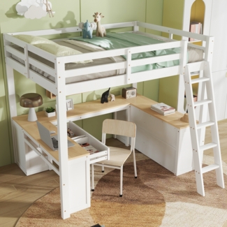 Merax Hochbett, 140x200cm Kinderbett, Jugendbett U-förmiger Langtisch, Mit zwei Schubladen und Aufbewahrungsregal, Stabile Lattenroste, Weiß+Natur