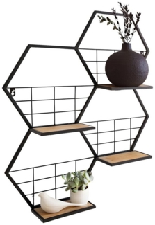 Dekoleidenschaft Deko-Wandregal "Hexagon" aus Metall, schwarz, 4 klappbare Böden aus MDF, furniert, Wanddeko, Wandregal, Wandschmuck, Hängeregal, Metallregal, Metalldeko
