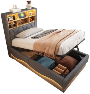 OKWISH Polsterbett Stauraumbett Kinderbett (mit Hydraulischem Stauraum, APP-gesteuertes LED-Lichtband, USB-Ladeanschluss, Leinenbezug, Platzsparendes Bett mit Stauraum für Bücher und Bettzeug, 90x200 cm), ohne Matratze