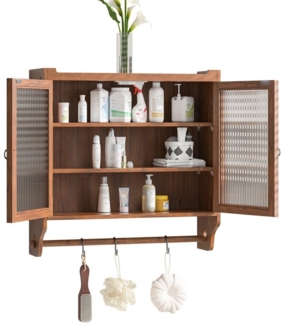 MODFU Hängeschrank Zweitüriger Wandschrank 70 cm,Stauraumschrank Hängevitrine (Vintage Glas-Wandregal mit Doppelglastüren und 3 Regalen – Wandmontage für Badezimmer, Küche, Esszimmer – Praktischer Handtuchhalter und Stauraum in Naturholzoptik) Gewichts...