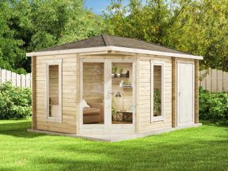 Alpholz 5-Eck Gartenhaus Liwa Compact mit Anbau Gartenhaus aus Holz Holzhaus mit 28 mm Wandstärke Blockbohlenhaus mit Montagematerial